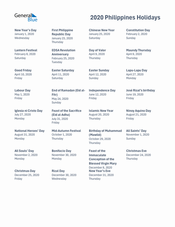 Free printable list of Philippines holidays for year 2020