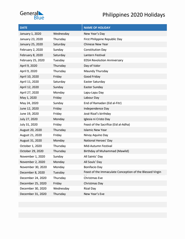 Free printable list of Philippines holidays for year 2020