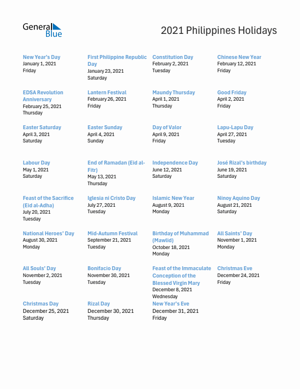 Free printable list of Philippines holidays for year 2021