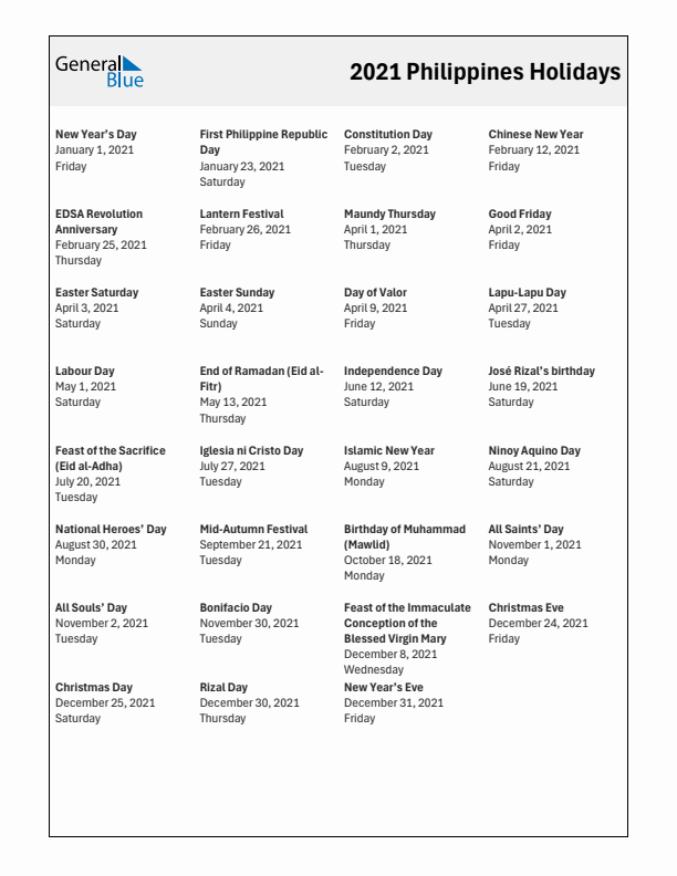 Free printable list of Philippines holidays for year 2021