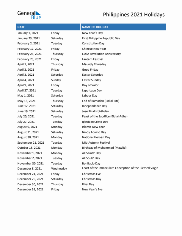 Free printable list of Philippines holidays for year 2021