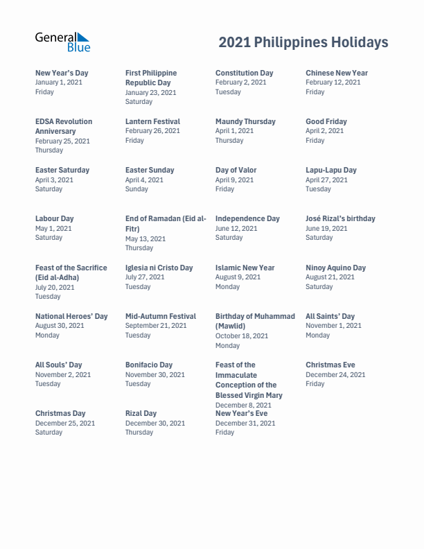 Free printable list of Philippines holidays for year 2021