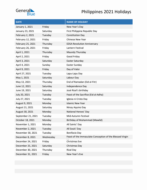 Free printable list of Philippines holidays for year 2021