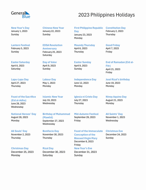 Free printable list of Philippines holidays for year 2023