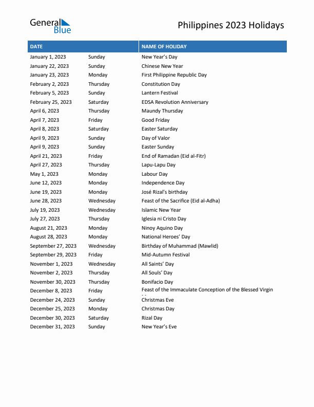 Free printable list of Philippines holidays for year 2023