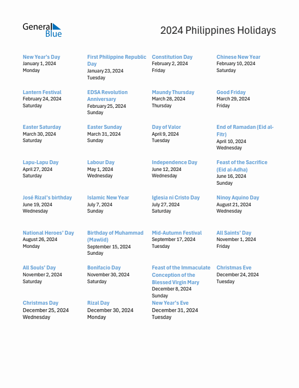 Free printable list of Philippines holidays for year 2024