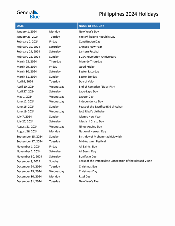 Free printable list of Philippines holidays for year 2024