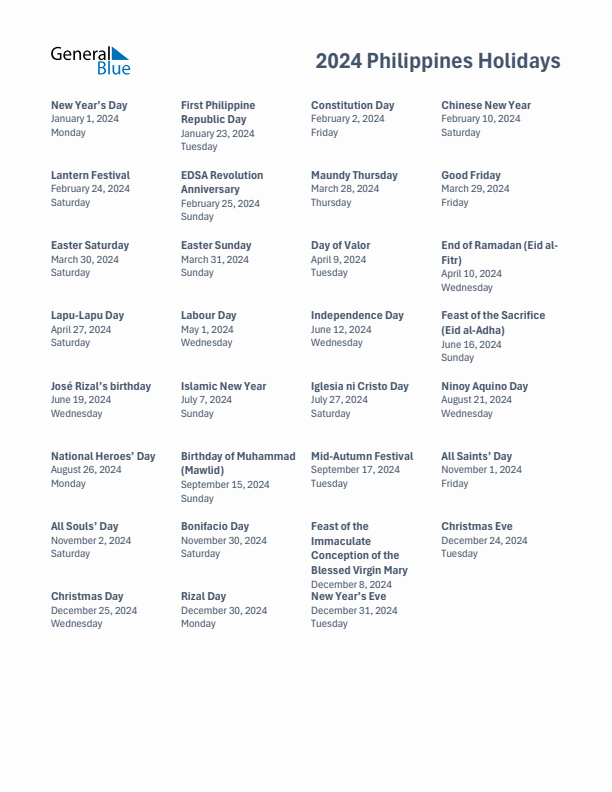 Free printable list of Philippines holidays for year 2024