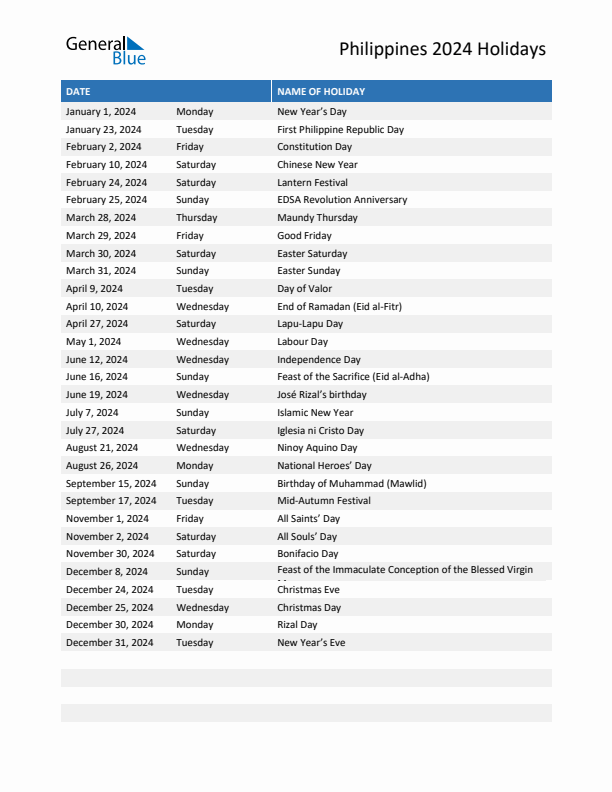 Free printable list of Philippines holidays for year 2024