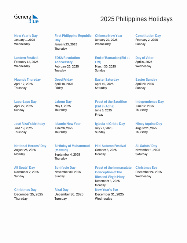 Free printable list of Philippines holidays for year 2025