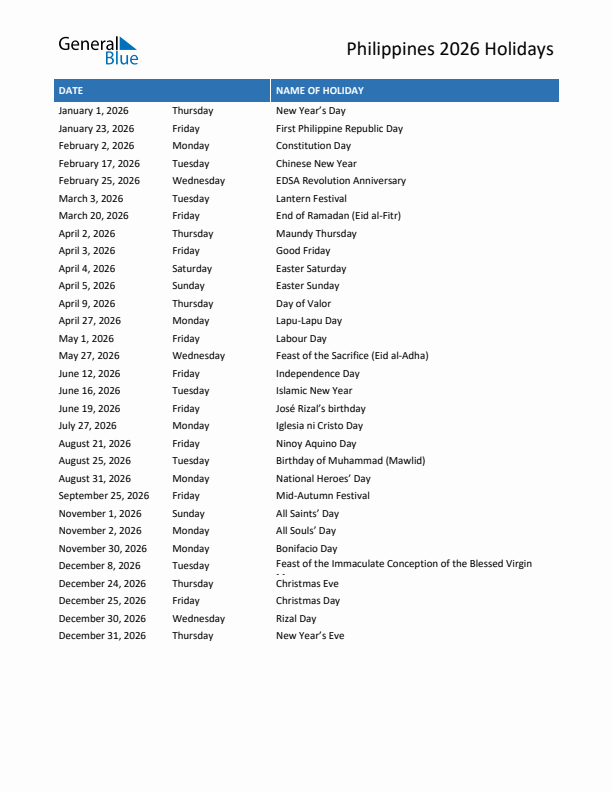 Free printable list of Philippines holidays for year 2026