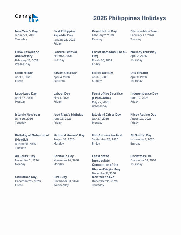 Free printable list of Philippines holidays for year 2026