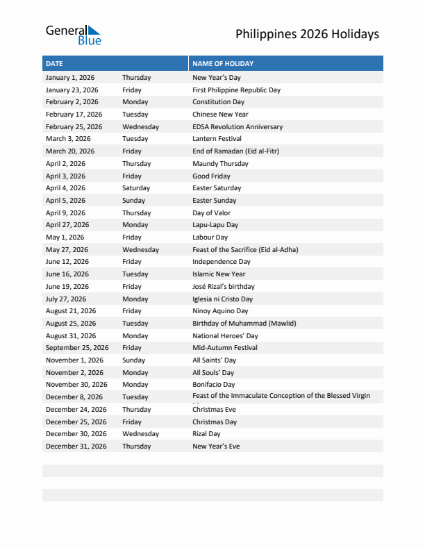 Free printable list of Philippines holidays for year 2026