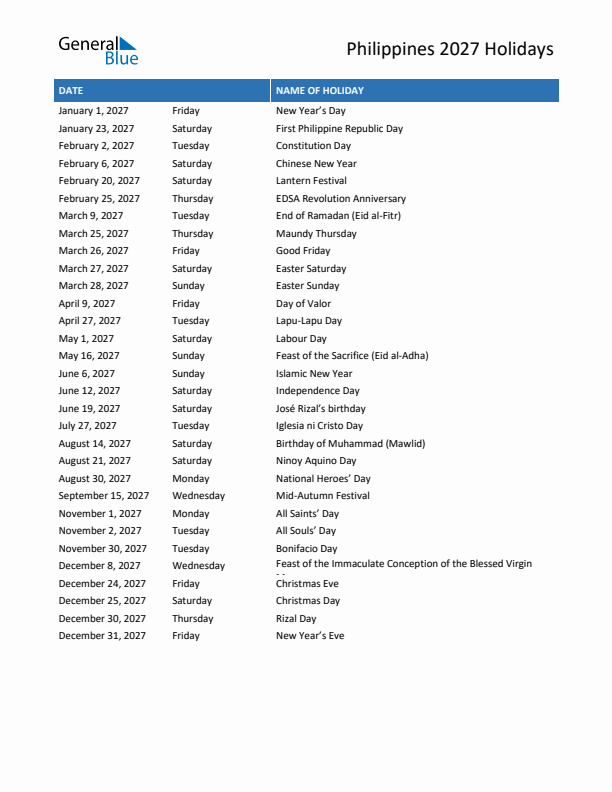 Free printable list of Philippines holidays for year 2027