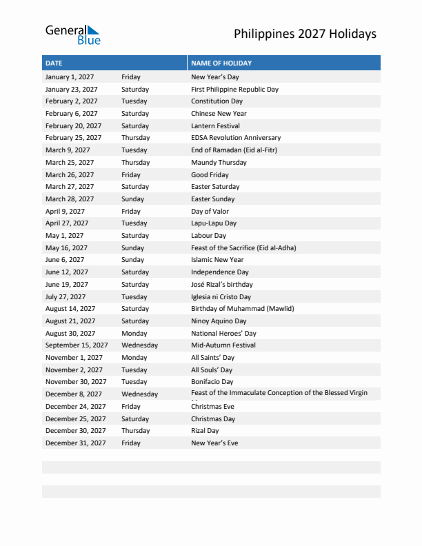 Free printable list of Philippines holidays for year 2027