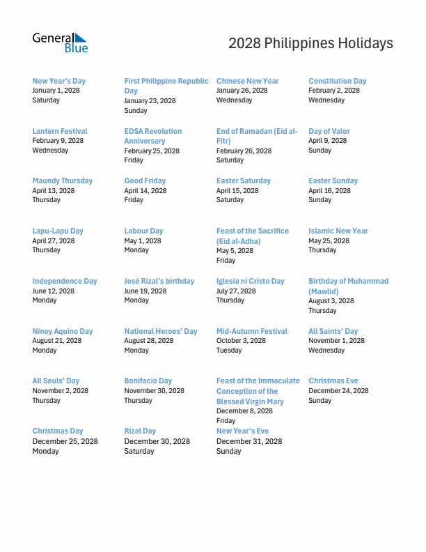 Free printable list of Philippines holidays for year 2028