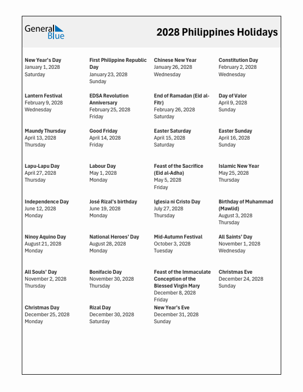 Free printable list of Philippines holidays for year 2028