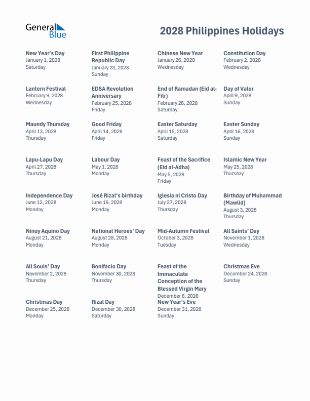 Free printable list of Philippines holidays for year 2028