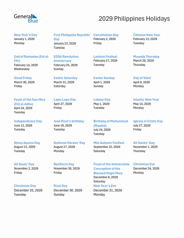 Free printable list of Philippines holidays for year 2029