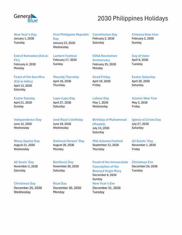 Free printable list of Philippines holidays for year 2030