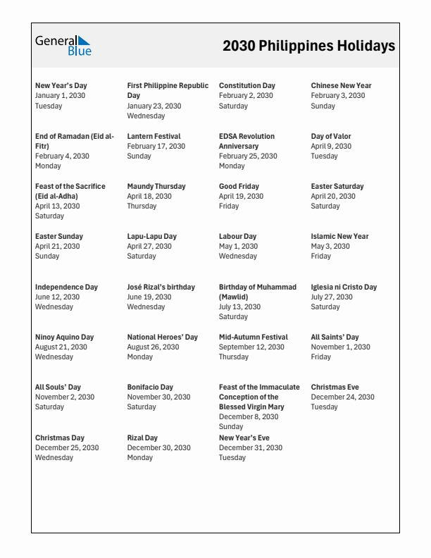 Free printable list of Philippines holidays for year 2030