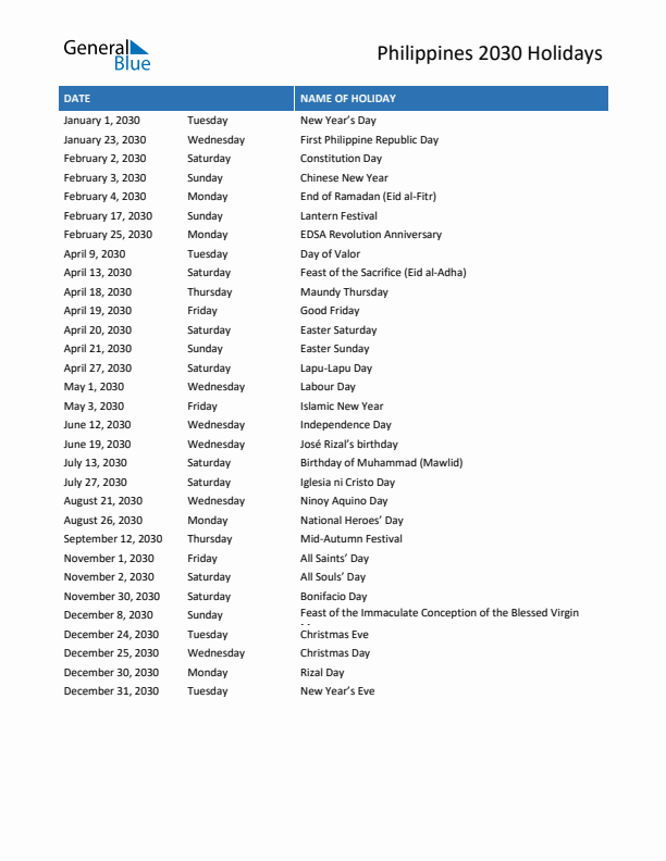 Free printable list of Philippines holidays for year 2030