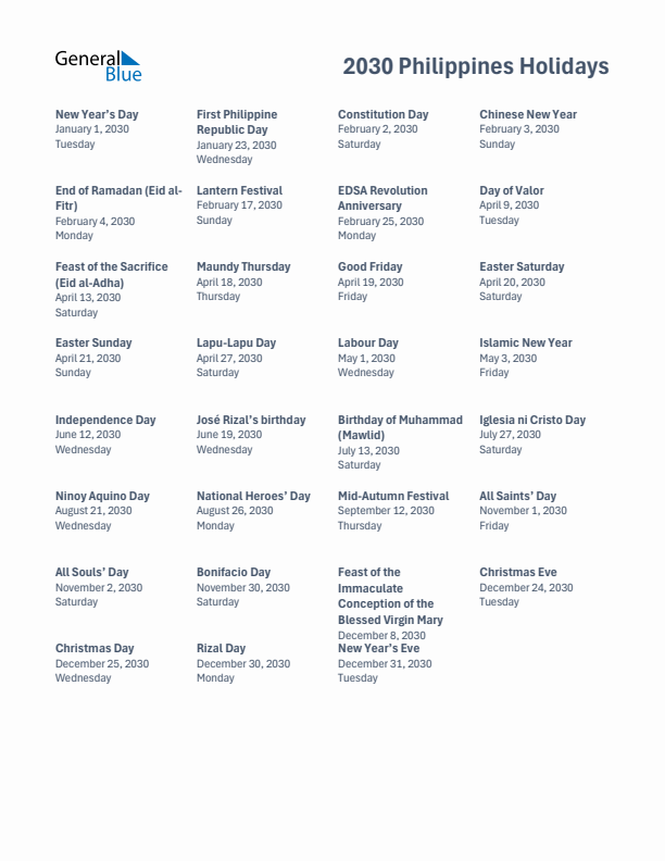 Free printable list of Philippines holidays for year 2030