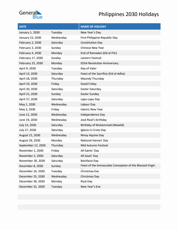 Free printable list of Philippines holidays for year 2030