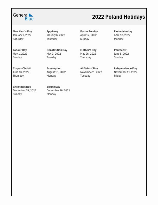 Free printable list of Poland holidays for year 2022