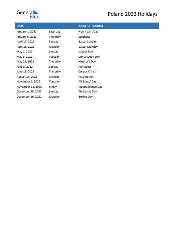 Free printable list of Poland holidays for year 2022