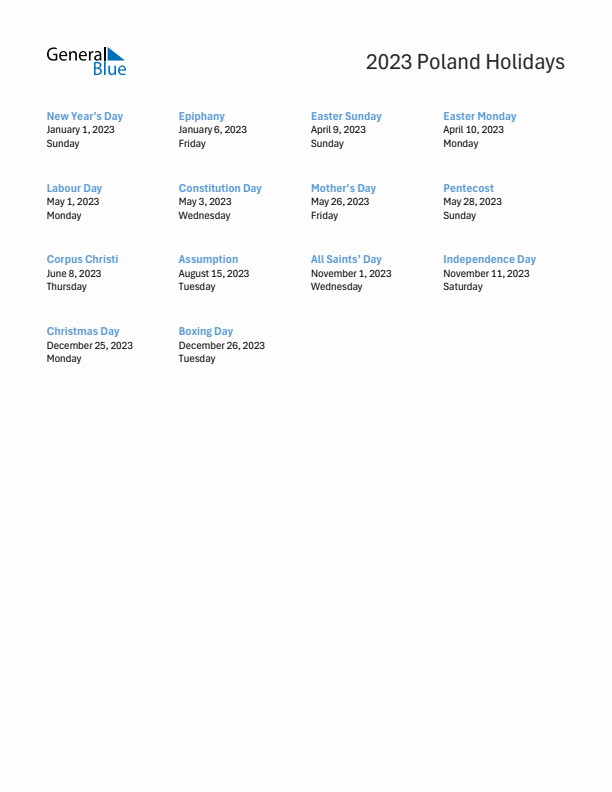 Free printable list of Poland holidays for year 2023