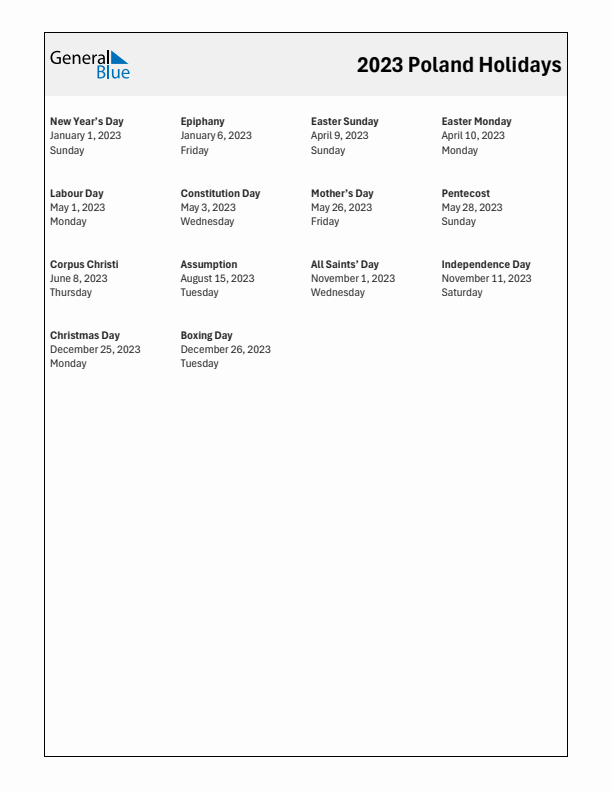 Free printable list of Poland holidays for year 2023
