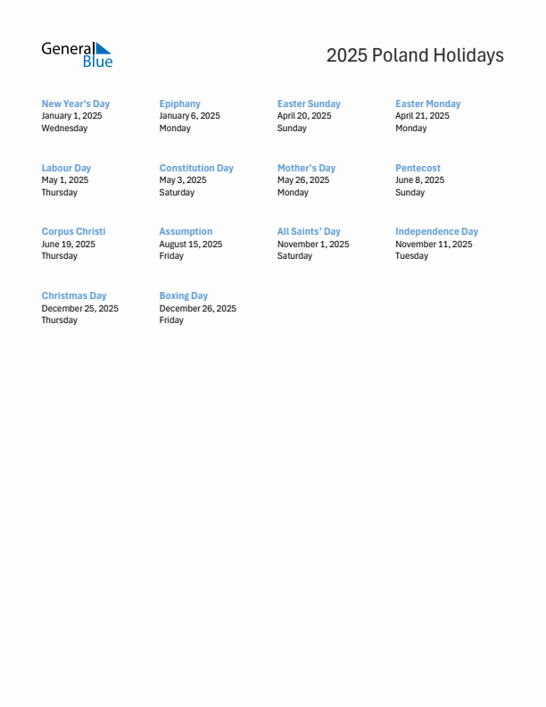Free printable list of Poland holidays for year 2025