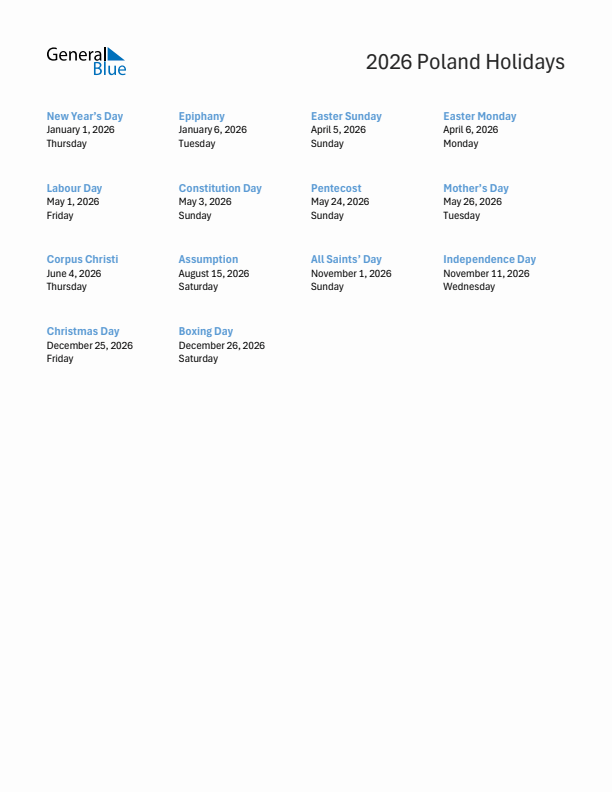 Free printable list of Poland holidays for year 2026