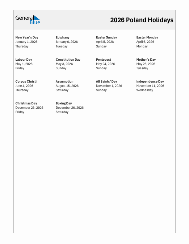 Free printable list of Poland holidays for year 2026