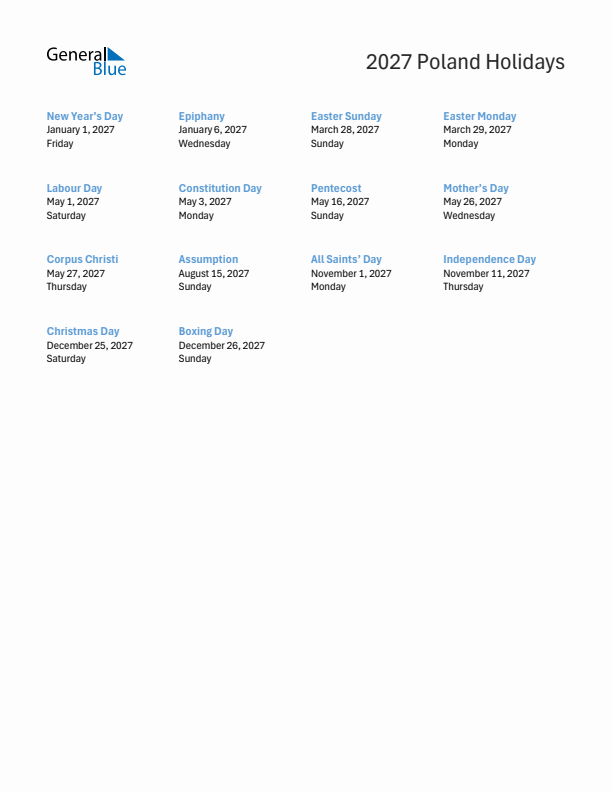 Free printable list of Poland holidays for year 2027