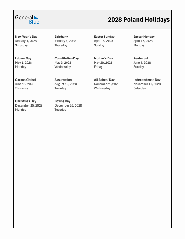 Free printable list of Poland holidays for year 2028