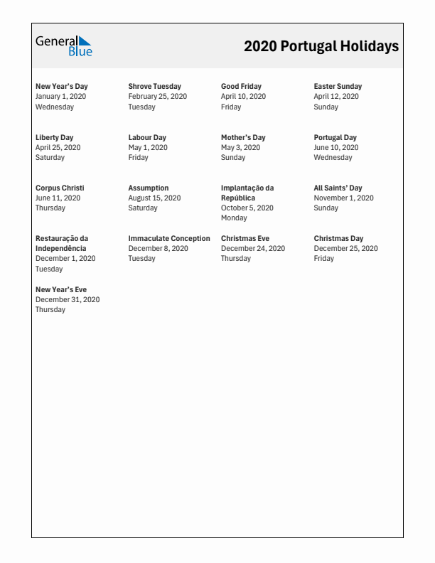 Free printable list of Portugal holidays for year 2020