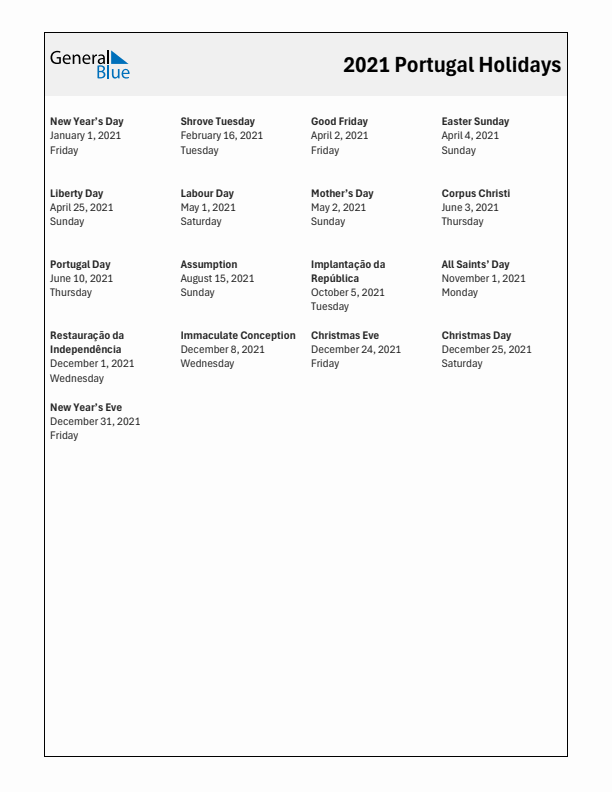 Free printable list of Portugal holidays for year 2021