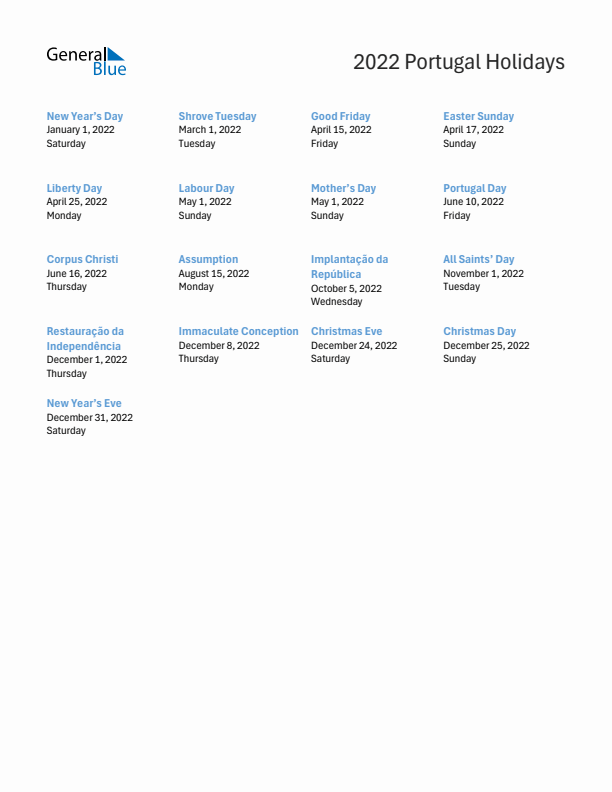 Free printable list of Portugal holidays for year 2022