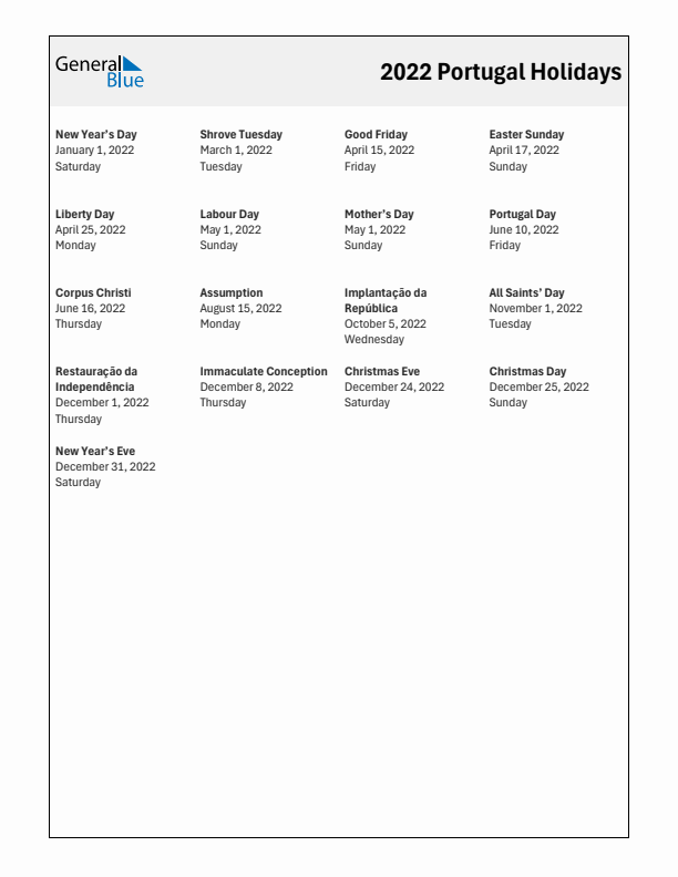 Free printable list of Portugal holidays for year 2022