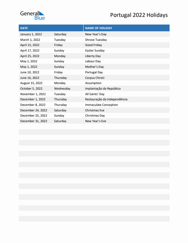 Free printable list of Portugal holidays for year 2022