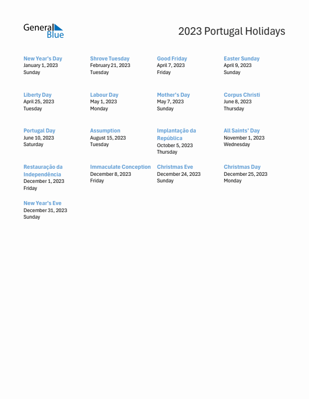 Free printable list of Portugal holidays for year 2023