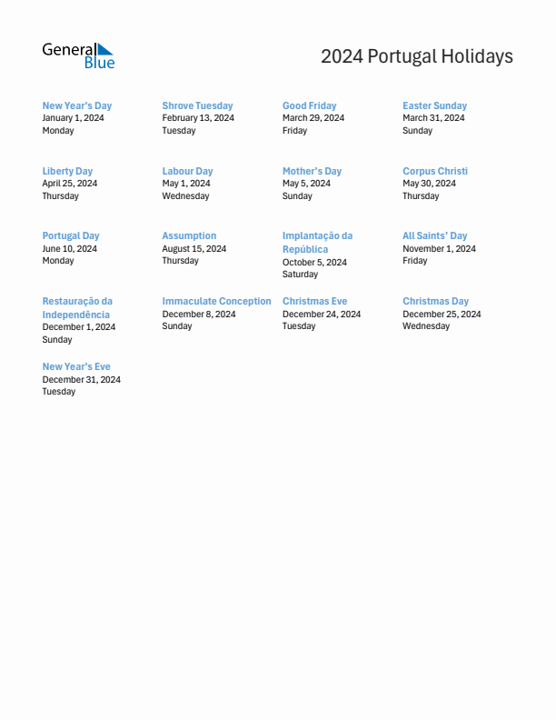 Free printable list of Portugal holidays for year 2024