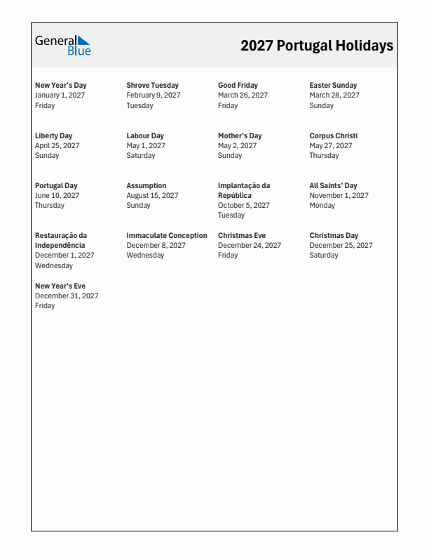 Free printable list of Portugal holidays for year 2027