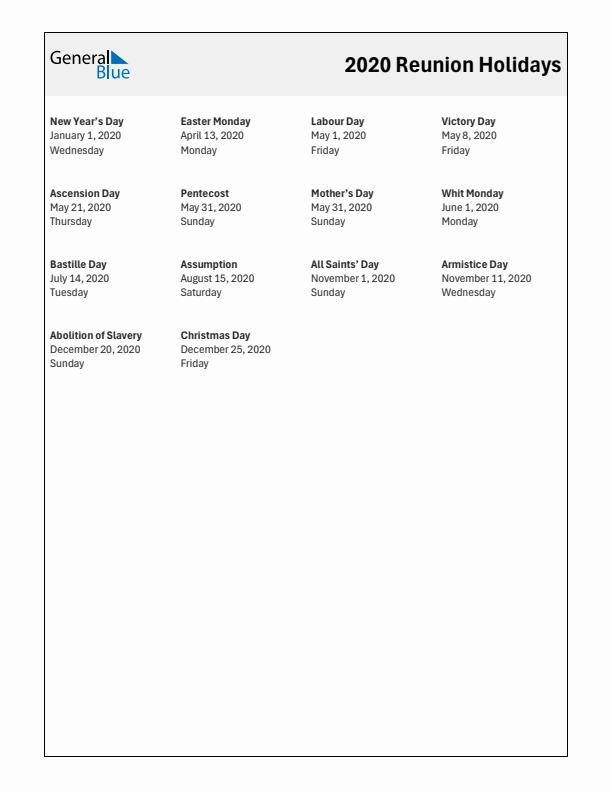 Free printable list of Reunion holidays for year 2020