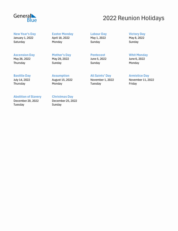 Free printable list of Reunion holidays for year 2022