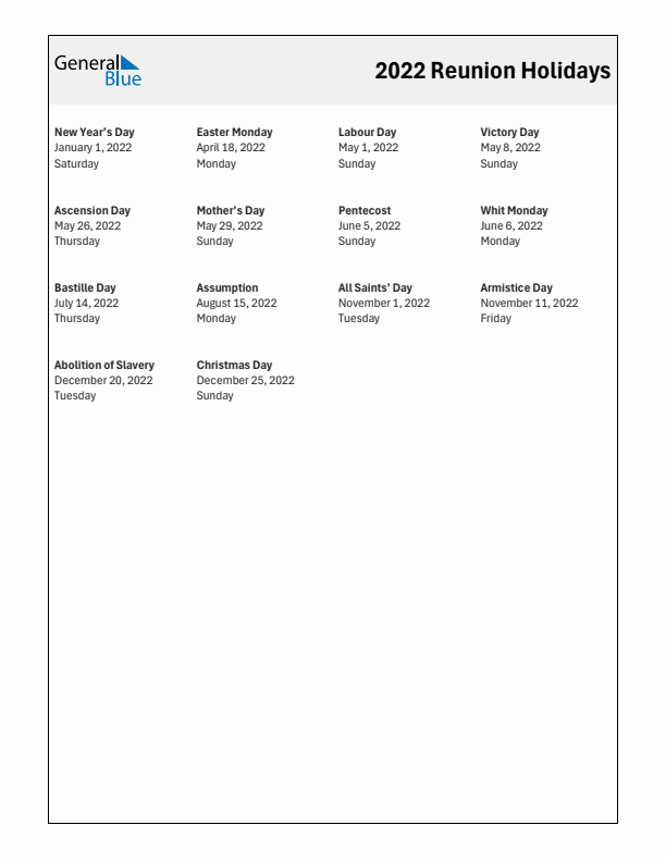 Free printable list of Reunion holidays for year 2022