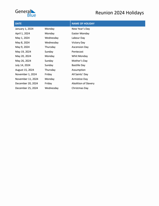 Free printable list of Reunion holidays for year 2024