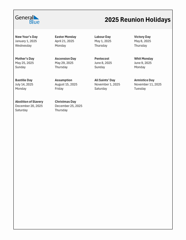 Free printable list of Reunion holidays for year 2025